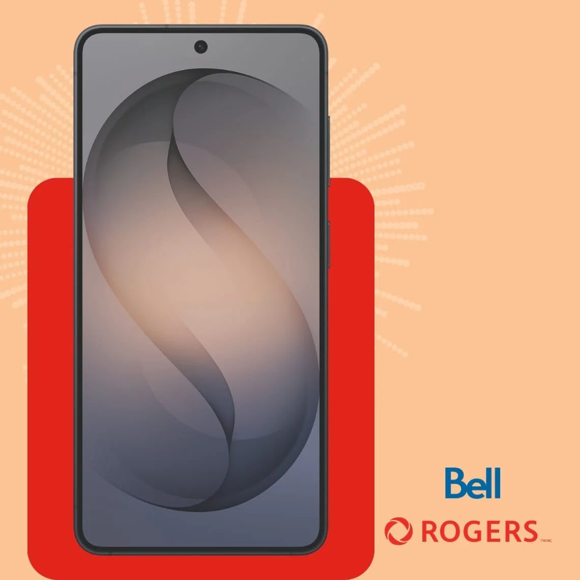 A black Galaxy S26 front facing device against an orange background covered in yellow fireworks next to Rogers and Bell logo.
