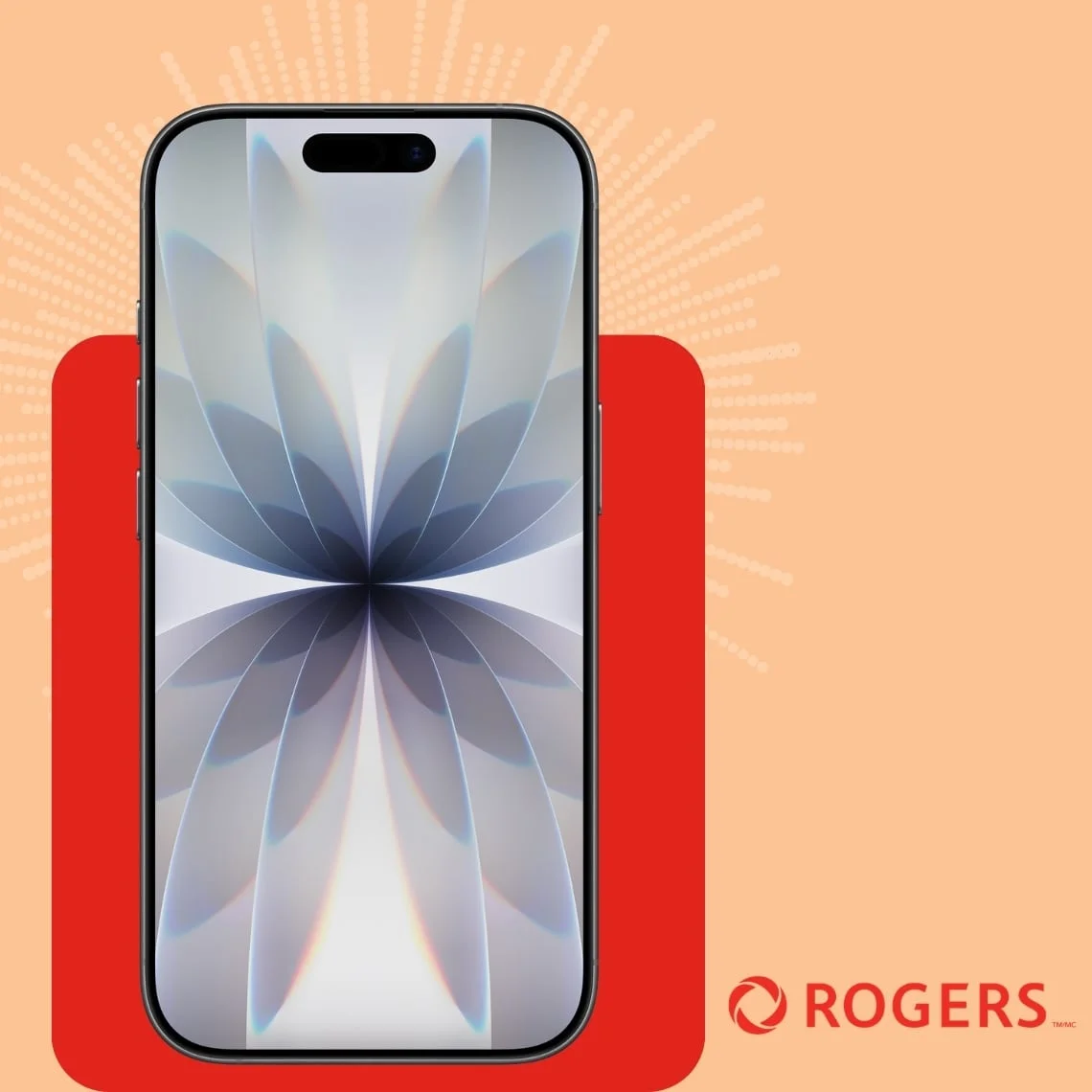 A black iPhone Air front facing device against an orange background covered in yellow fireworks next to Rogers logo.